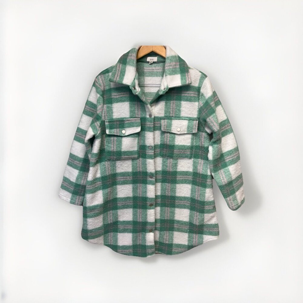 Ott Womens Button‎ Up Shacket  Sz  Small/Medium Pastel Pink Green White Plaid